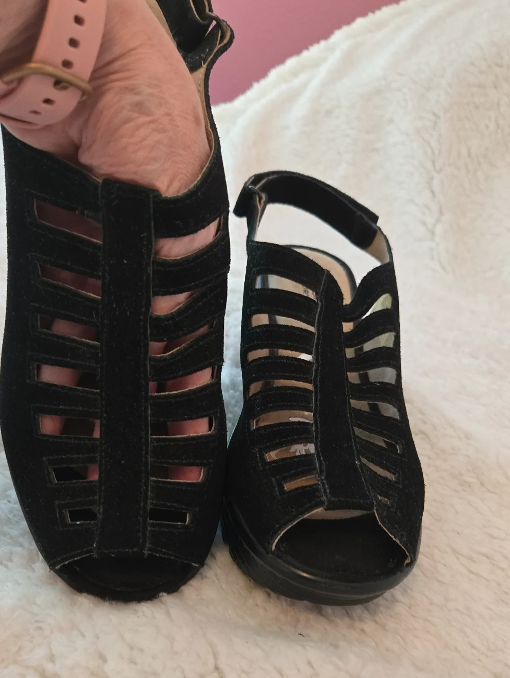 Skechers Black Strappy Suede Wedge Sandals